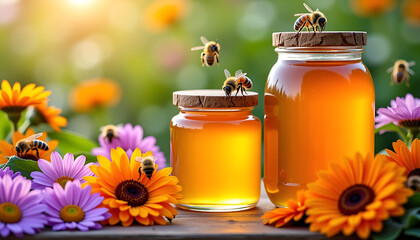 Honey Jars with Bees and Flowers in Spring Garden