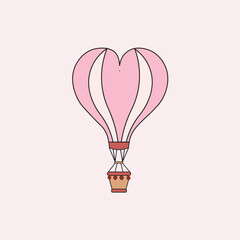 Obraz premium A cute pink heart-shaped hot air balloon with white stripes and a brown basket floating on a light pink background.