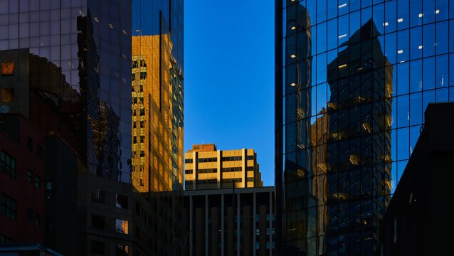 Golden Tower Framed by Reflective Glass Buildings in Downtown Calgary