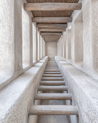 Steps lead upward in a narrow corridor of a historic architectural structure in a warm setting