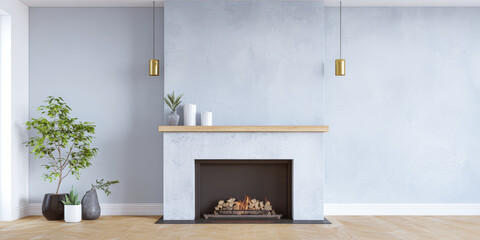 Fireplace with simple design and plants in a modern living room space during the daytime