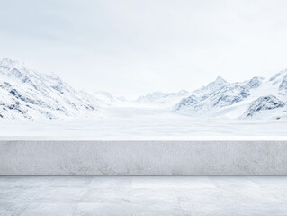 Snow-covered mountains in a vast landscape with a flat surface in the foreground during the day