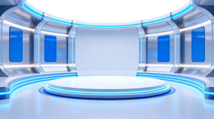 Futuristic Sci-Fi Exhibition Podium with Blue Neon Lights