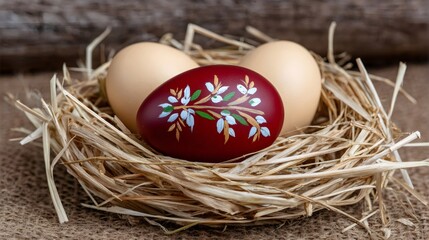 Fototapeta premium Decorating red Easter egg with floral pattern in nest
