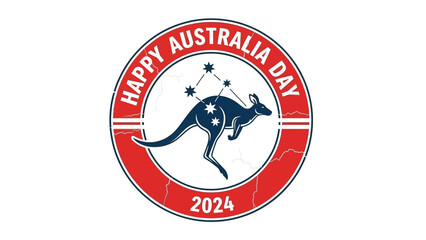 Festive graphic emblem celebrating Australia's national day in 2024, featuring a stylized kangaroo and Southern Cross constellation within a vibrant badge design © Jonathan