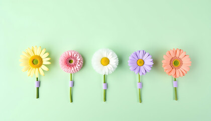 Row of Colorful Flowers on Mint Green Background