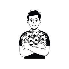Man Hugging Stack of Money Black and White Vector Illustration.