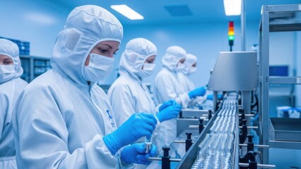 Scientists working together in cleanroom laboratory for pharmaceutical production and research