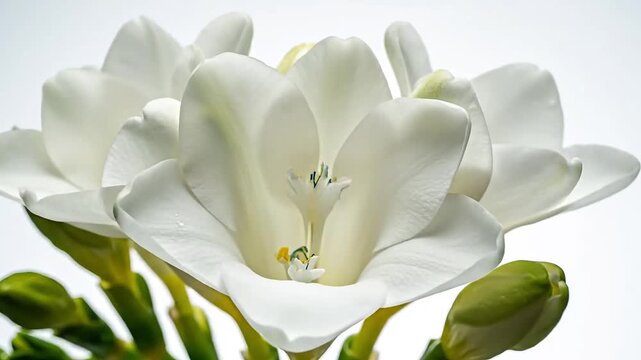 Delicate White Freesia Flower Blooming Time Lapse on White Background. Macro Close-up of Tubular Petals Opening. Freshness, Fragrance, and Clean Nature Concept.