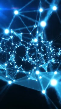 光る線と球形を形成する粒子が織りなす抽象的な青いデジタルネットワーク接続。最新のテクノロジーとデータサイエンスのコンセプト。4K解像度のビデオ。縦向き動画30FPS。