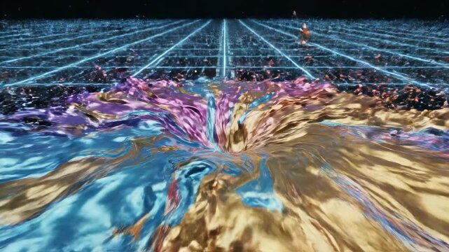 Abstract fluid simulation of vibrant liquid ingredients blending autonomously within a futuristic digital matrix showcasing recipe creation ingredients, mixing, slowmotion