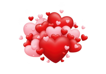 Vibrant cluster of red and pink hearts floating symbolizing love and romance transparent background