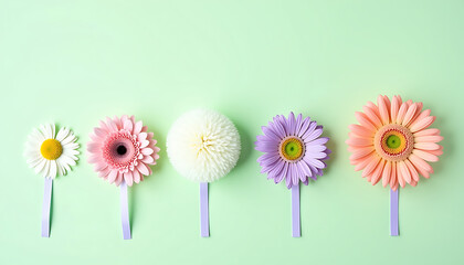 Row of Colorful Flowers on Mint Green Background