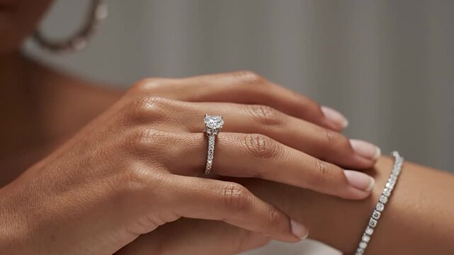 Close-up of a hand adorned with a sparkling diamond engagement ring and bracelet