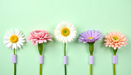 Row of Colorful Flowers on Mint Green Background