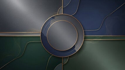 A dark green and black abstract background with geometric shapes and a circular frame.