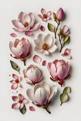 Flat lay of magnolia petals and blossoms arranged on a white surface