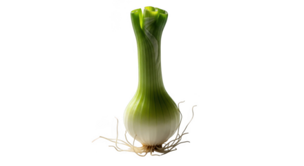 Fresh green scallion bulb with roots isolated for culinary inspiration