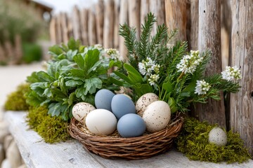 Easter eggs in nest celebrating spring holiday