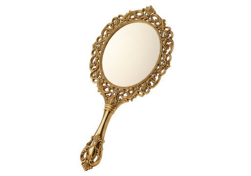 Antique golden hand mirror intricate floral design elegant vintage vanity accessory transparent background