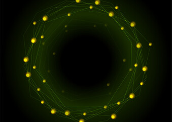 Abstract data lines and yellow particles forming a circular neural network on dark green background. Vector technology design