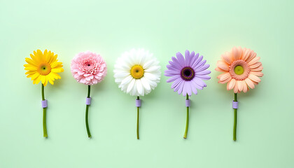 Row of Colorful Flowers on Mint Green Background