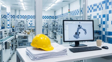 Engineering workstation with robotic arm design on monitor and yellow hard hat in modern industrial facility.