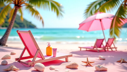 Summer Sunscreen Bottles on Pink Tropical Beach