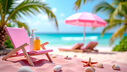 Summer Sunscreen Bottles on Pink Tropical Beach