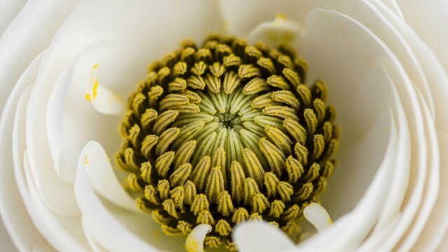 A white magnolia flower with yellow stamens and green sepals.