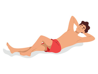 Obraz premium Vector illustration of teenage boy sunbathing happy child on summer vacation ideal for summer fun, beach holiday, and outdoor leisure designs