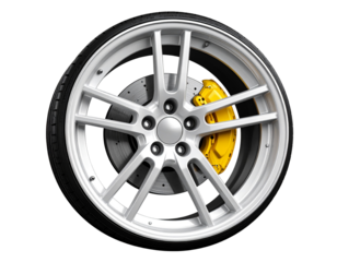 Glossy White Car Wheel with Yellow Brake Caliper, Dynamic Perspective, Isolated on Transparent Background (2)