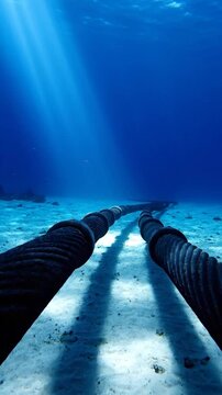 Underwater view of thick, dark cables laid on sandy seabed, illuminated by light beams