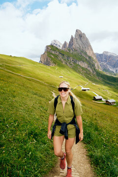 Hiker on Trail in Seceda Italy Dolomites