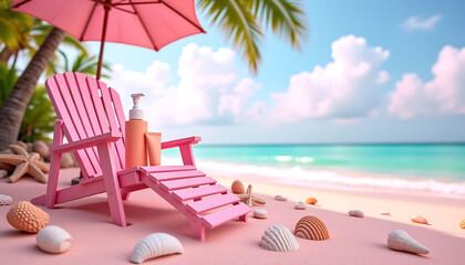 Summer Sunscreen Bottles on Pink Tropical Beach