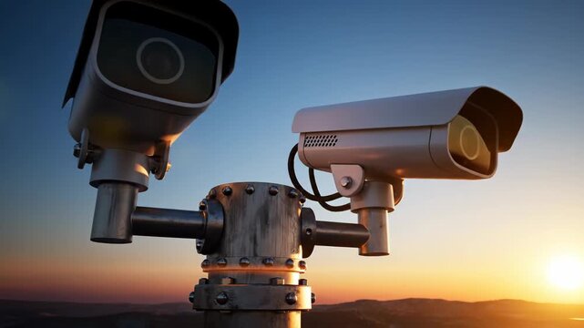 Security cameras mounted on a pole watching over the surroundings at sunset