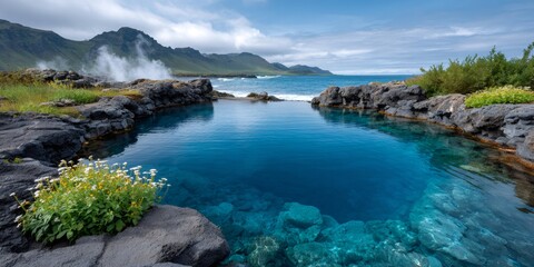 Geothermal pool in Iceland with volcanic rock and ocean views