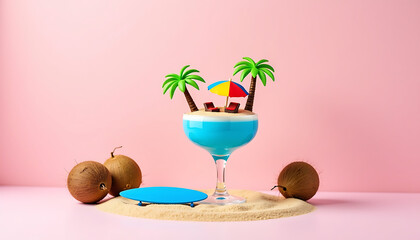 Tropical Coconut Cocktail and Mini Beach on Pastel Background