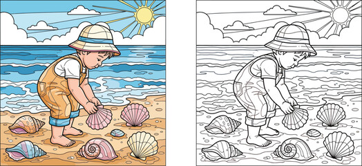 Obraz premium Cute Cartoon Toddler Boy Collecting Colorful Seashells on a Sunny Beach