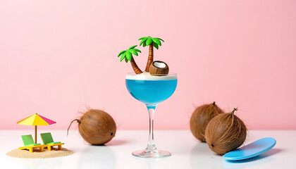 Tropical Coconut Cocktail and Mini Beach on Pastel Background
