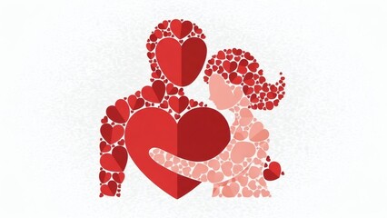 Vector Illustration of an Abstract Couple Formed Entirely from Heart Shapes, Flat Modern Design, Red and Blush Color Scheme