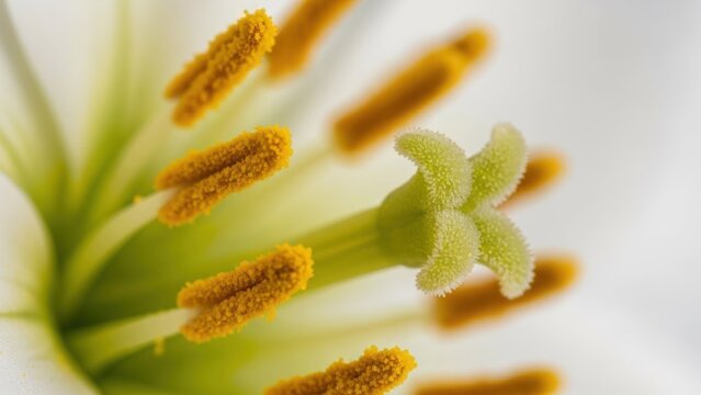 A close-up of a white lily with yellow stamens and pistils.