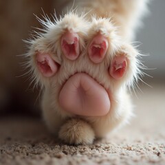 Fluffy Paw Close-up with Pink Pads on Tan Background