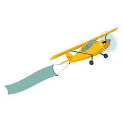 Vector illustration of yellow plane with retro air vehicle flying in sky carrying blank horizontal banner and white ribbon perfect for advertisement © Nass Studio