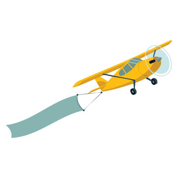 Vector illustration of yellow plane with retro air vehicle flying in sky carrying blank horizontal banner and white ribbon perfect for advertisement