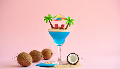 Tropical Coconut Cocktail and Mini Beach on Pastel Background
