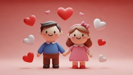 Cute 3D Cartoon Couple Made of Soft Clay Style Holding Hands Smiling with Floating Hearts, Warm Pink Gradient Background