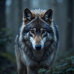 Focused Wolf with Brown Fur Standing in Dark Woodland Forest