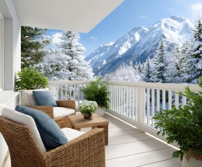 Cozy balcony enjoying winter mountain forest view