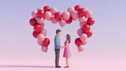 Low-Poly 3D Couple Characters Standing Under a Heart-Shaped Balloon Arch, Minimal Geometric Design on Soft Purple-Pink Background